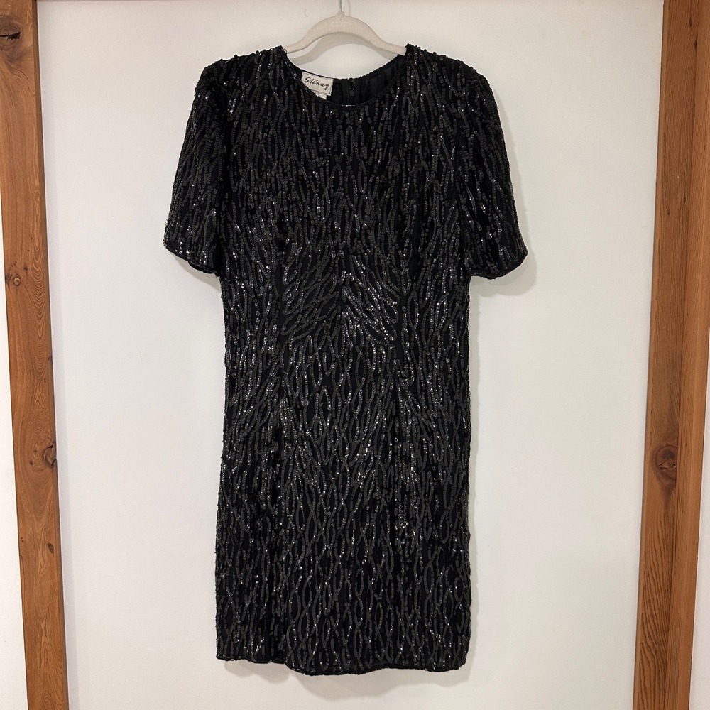 Vintage Stenay Beaded Sequin Silk Cocktail Dress Womens 12 Black Wave Glam Luxe